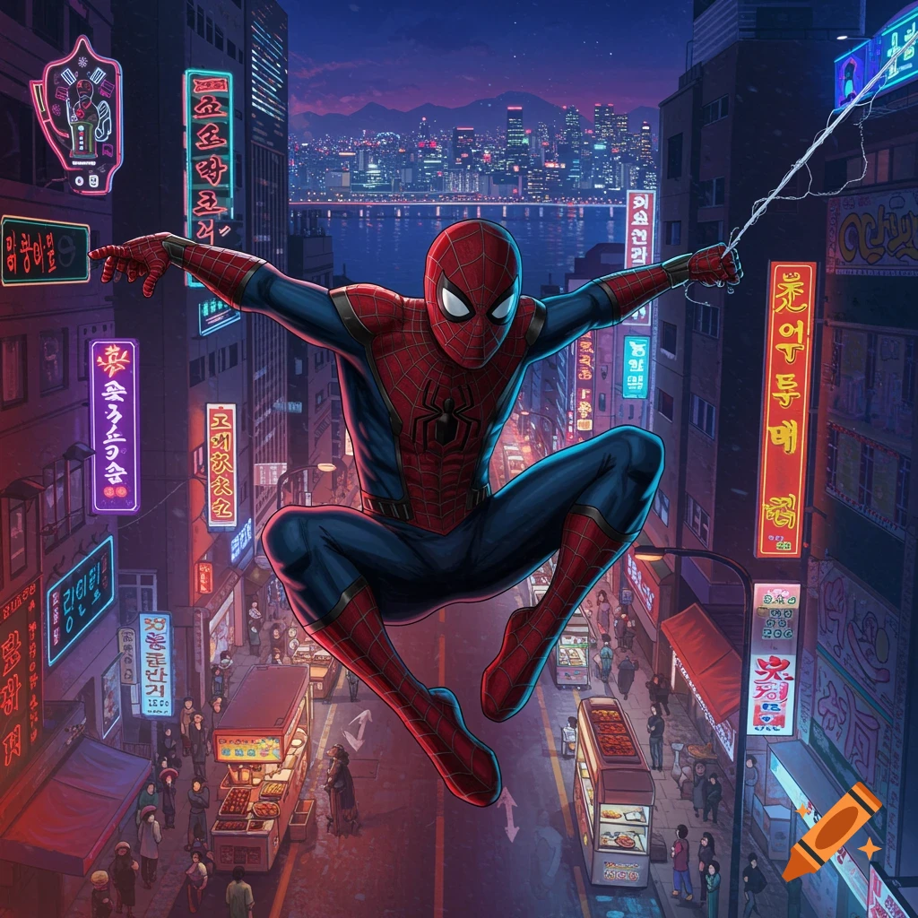 Spider-Man swings through a neon-lit South Korean city street at night, illuminated by vibrant signs and a distant skyline.