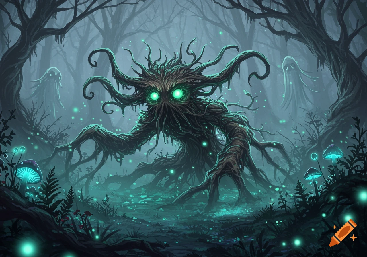 A monstrous tree creature with glowing green eyes in a dark, misty forest with ghosts and glowing mushrooms.