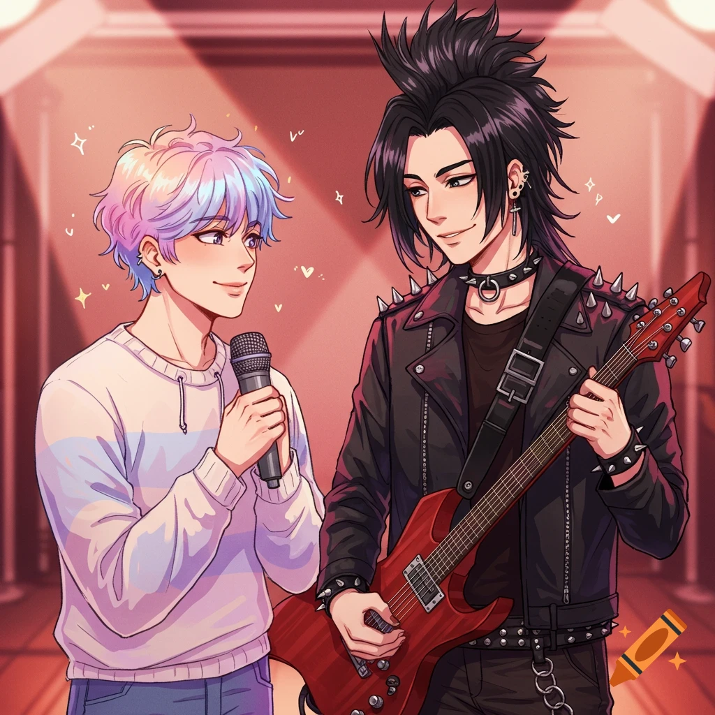 Two anime men, a singer with colorful hair and a guitarist in a spiked jacket, on a stage with a red electric guitar.