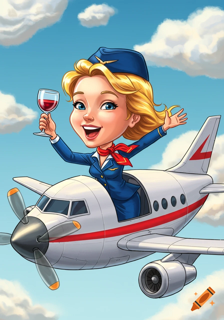 Cartoon caricature of a cheerful blonde flight attendant emerging from an airplane, holding a glass of red wine, against a blue sky with clouds.