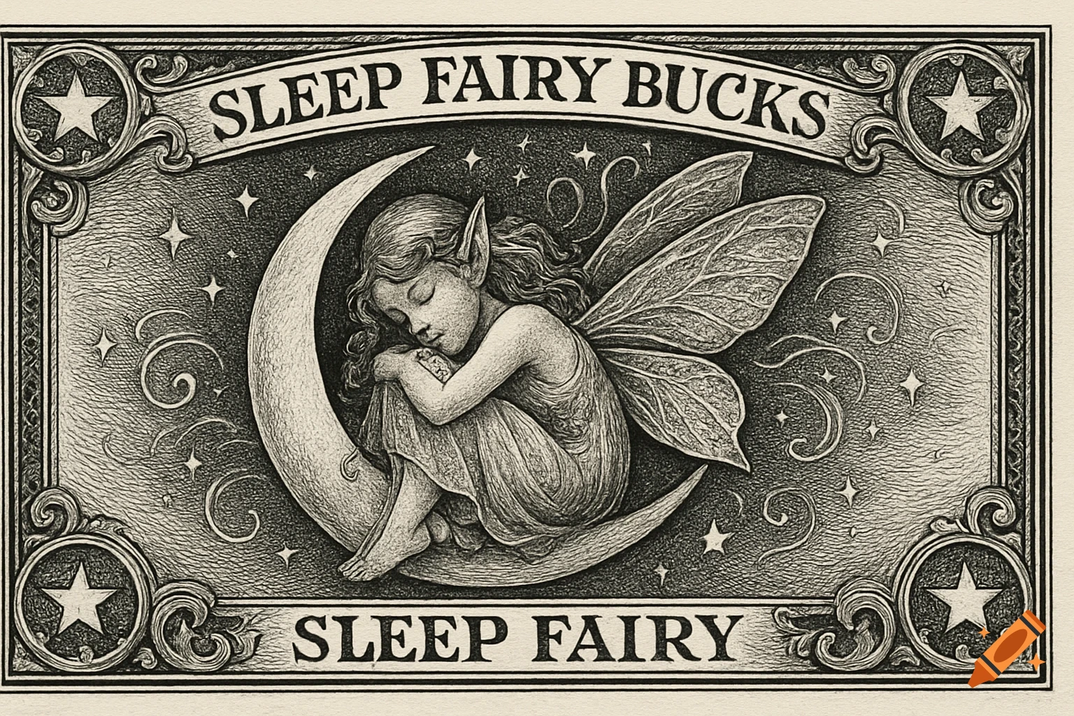 Black and white illustration of a sleeping fairy curled on a crescent moon, framed like a currency bill with 'SLEEP FAIRY BUCKS' and 'SLEEP FAIRY' text.