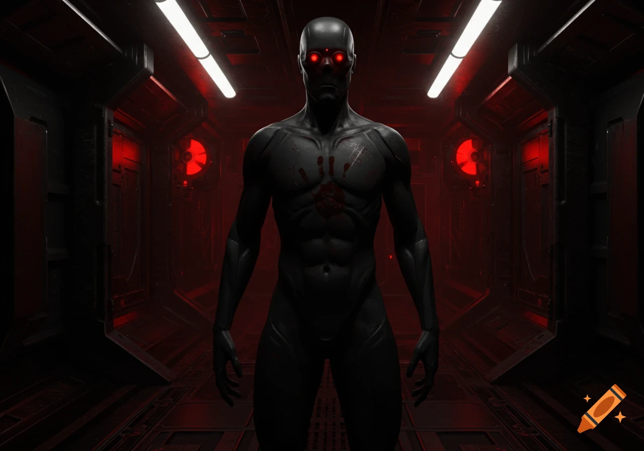 A menacing matte-black humanoid robot with glowing red eyes and a bloody handprint on its chest stands in a dark, red-lit sci-fi corridor.