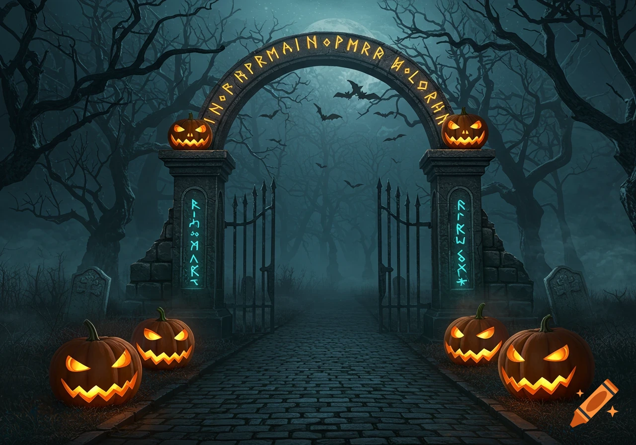 A spooky Halloween archway with glowing pumpkins, an iron gate, and bats flying under a full moon in a foggy, haunted forest.