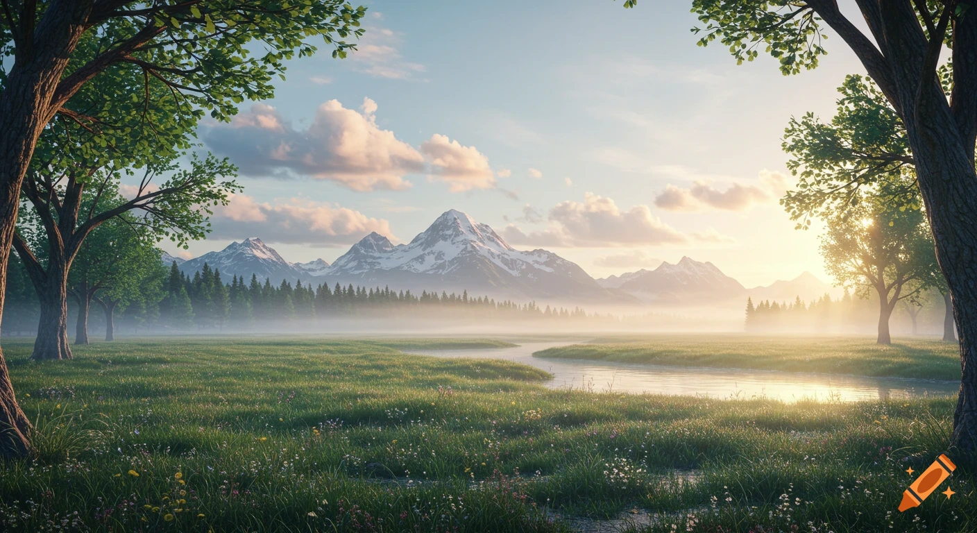 A serene landscape with a river through a grassy field, framed by trees, leading to misty mountains at sunrise.