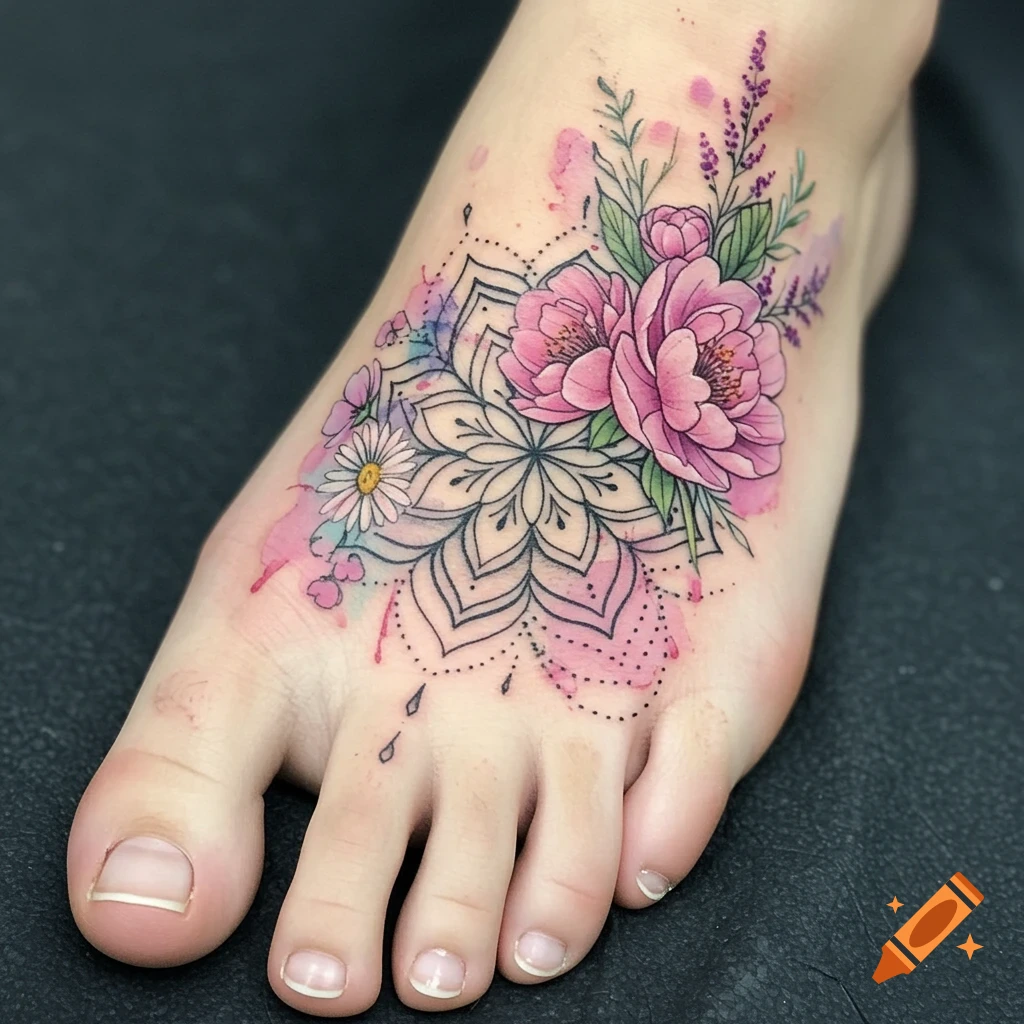 A close-up of a foot with a colorful watercolor-style tattoo featuring a mandala and pink flowers.