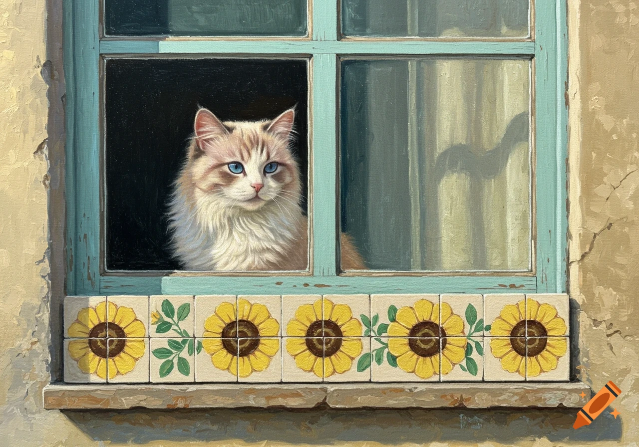 A fluffy white and brown cat with blue eyes looks out a teal window with sunflower tiles, in a pastel painting style.