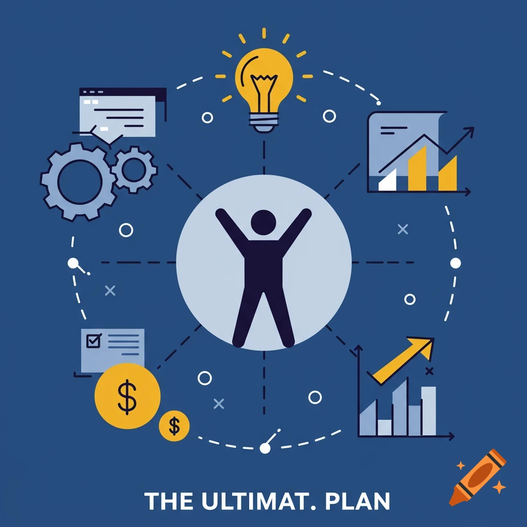 Conceptual illustration of a person surrounded by icons representing ideas, gears, money, and charts on a blue background.