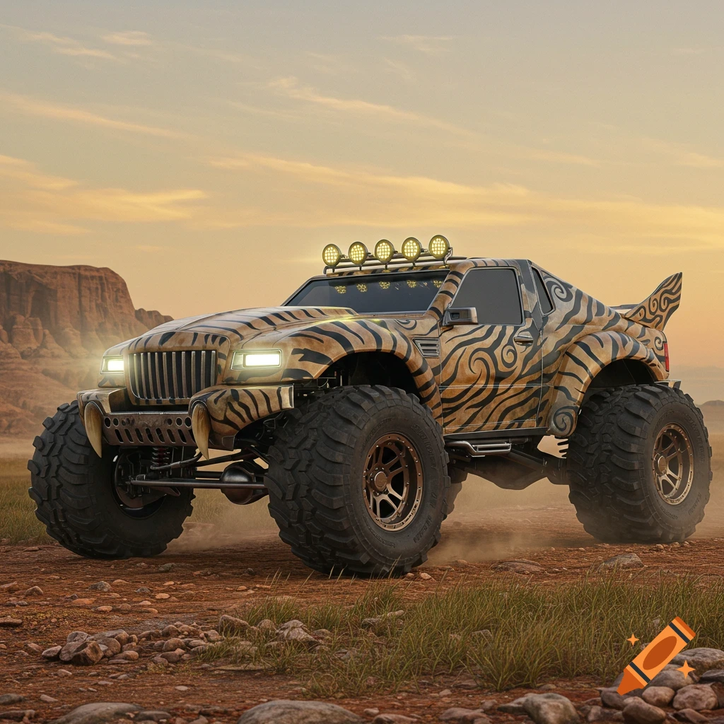 Photorealistic image of a custom tiger-striped monster truck with large tires driving on a dirt road in a desert at sunset.