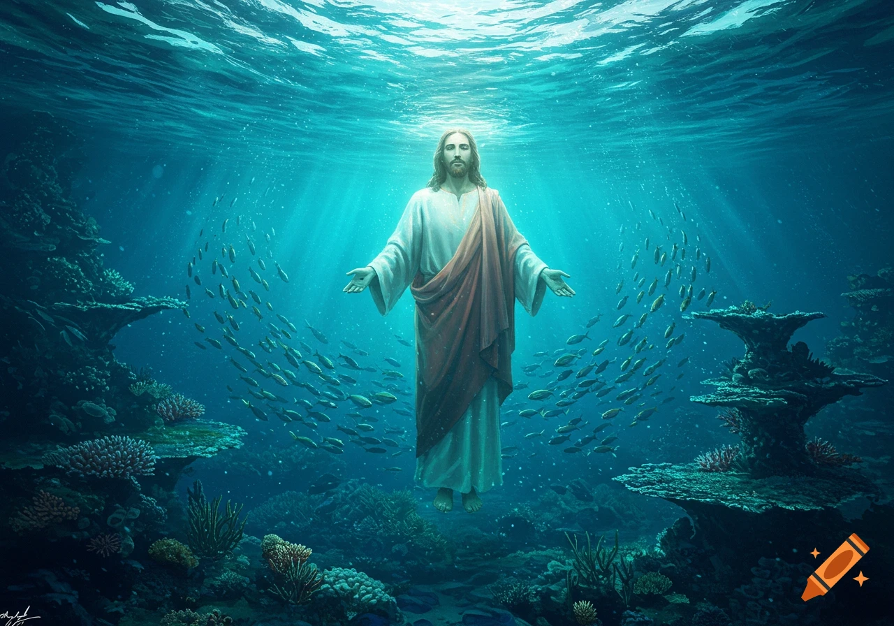 Jesus stands serenely on the ocean floor, surrounded by fish and coral reefs, with light rays from above.
