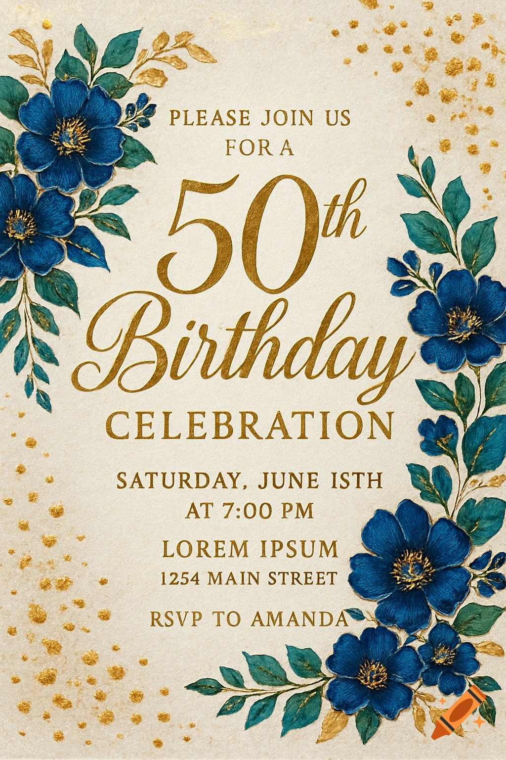 Vintage 50th birthday invitation with blue flowers, teal leaves, golden glitter, and gold text.