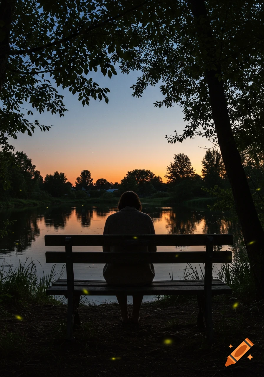 A person sits on a bench facing a lake at dusk, surrounded by silhouetted trees and glowing fireflies.