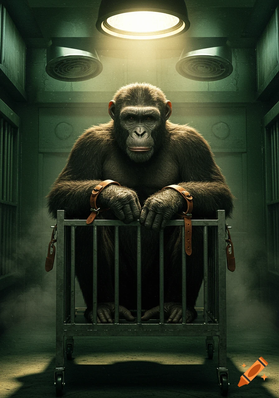 A realistic chimpanzee with restraints on its wrists sits in a metal cart under a bright light in a dark, stark room.