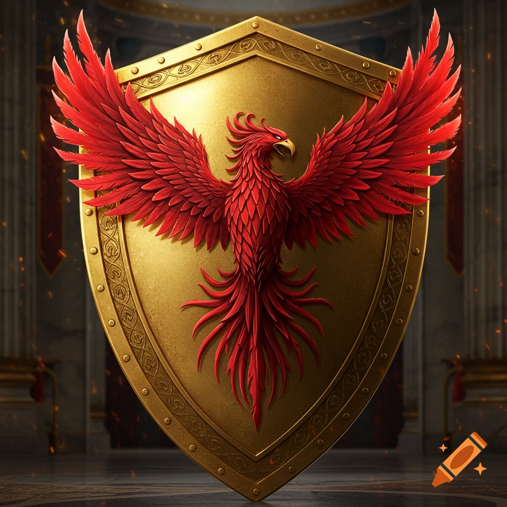 A detailed golden shield featuring a vibrant red phoenix in a grand hall.