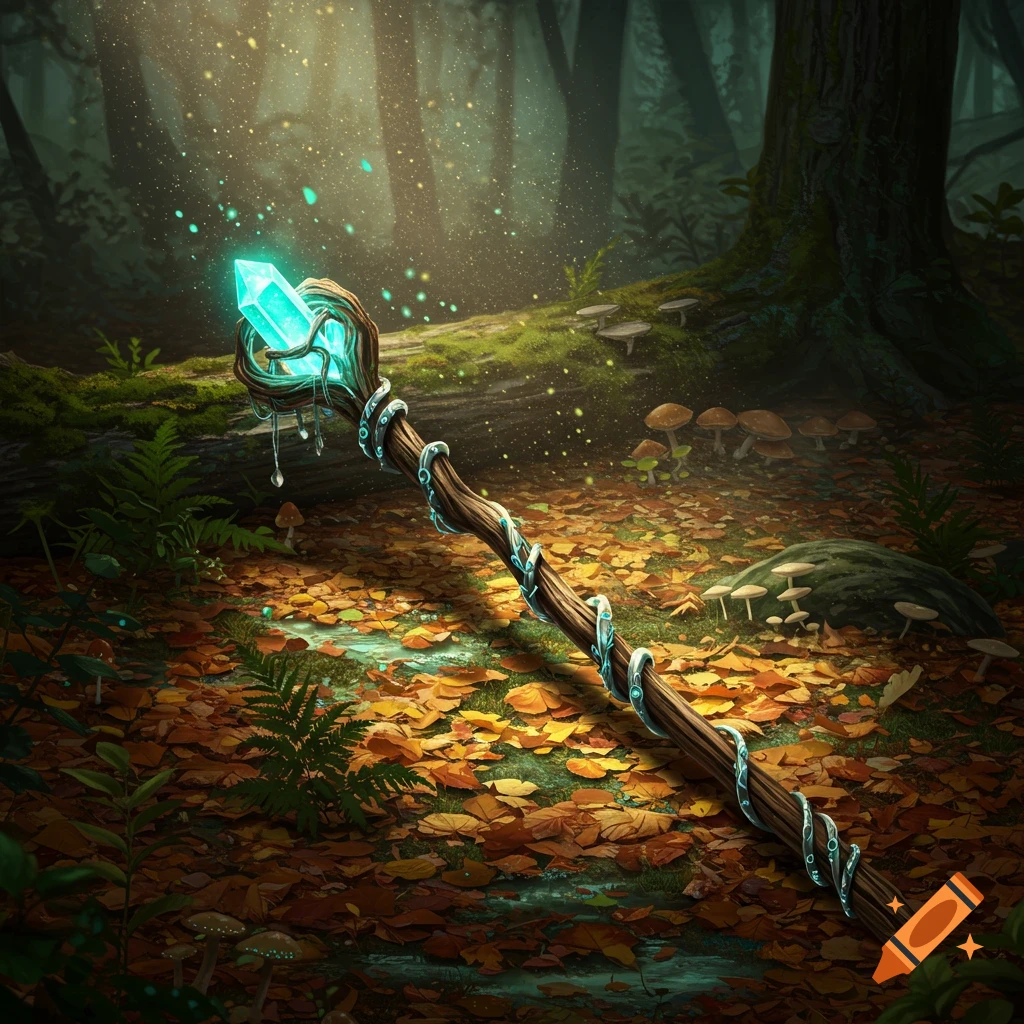 A magical wizard staff with a glowing blue crystal tip lies on a forest floor covered in autumn leaves and mushrooms.