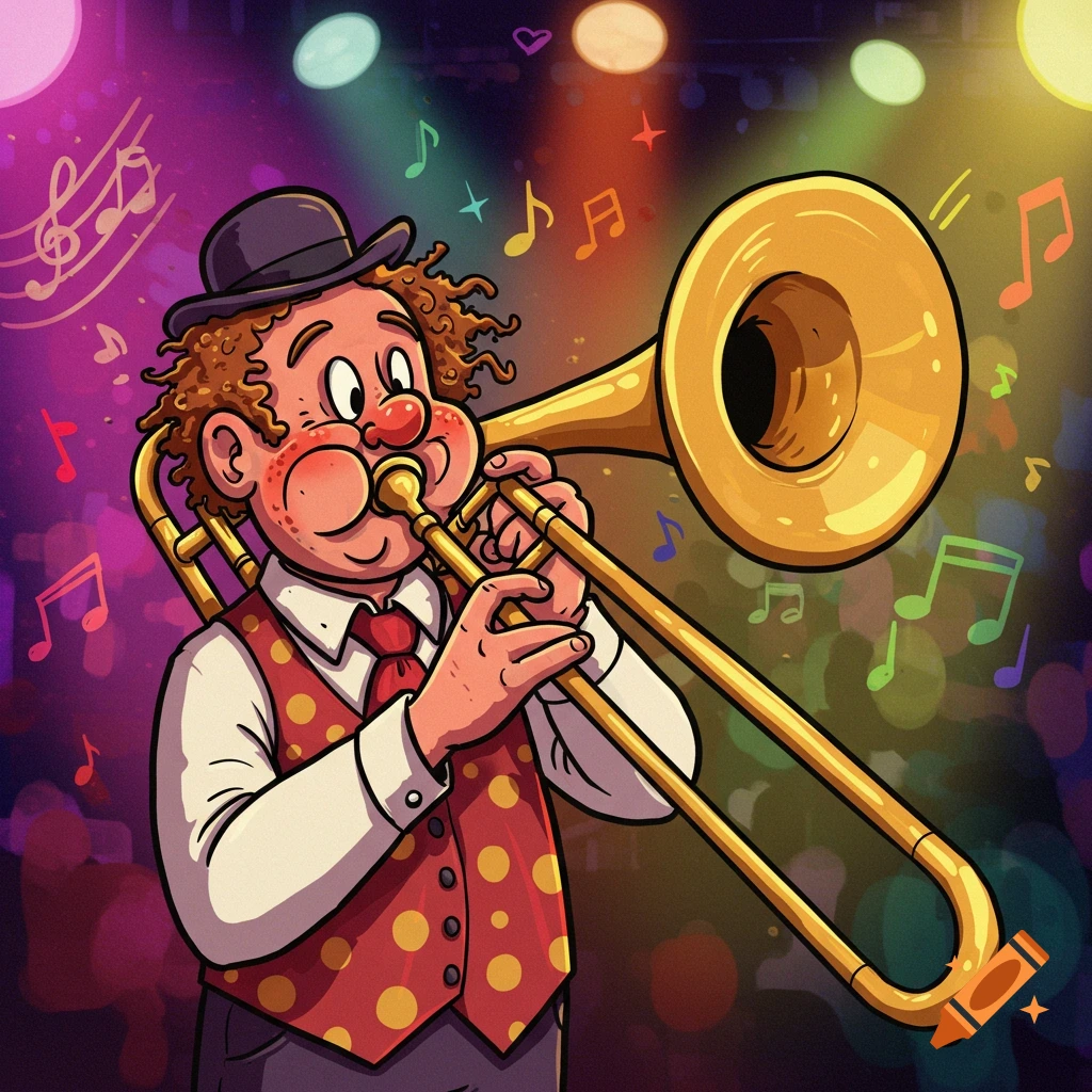 A cartoon man with curly red hair and a red nose plays a golden trombone on a brightly lit stage with musical notes floating around him.