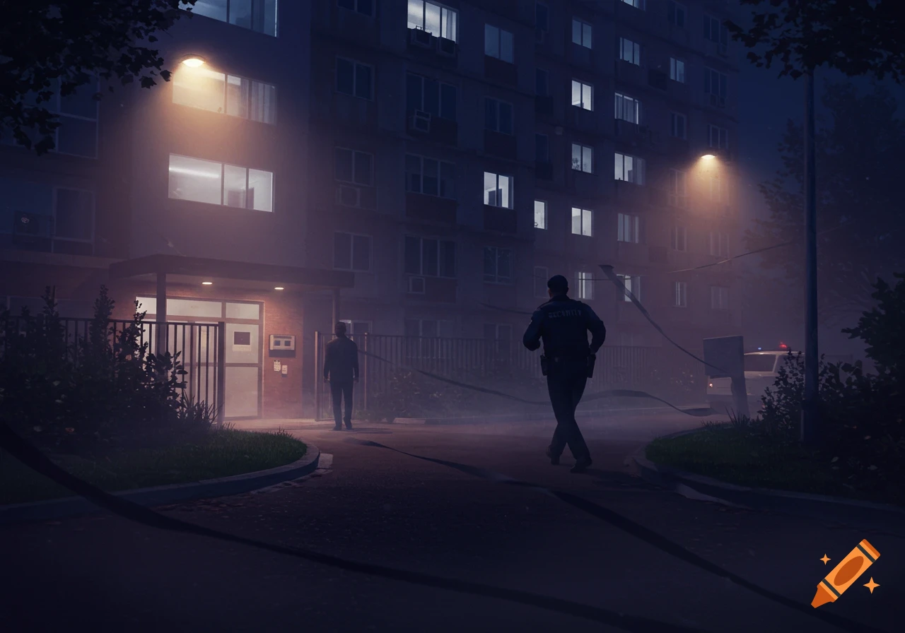 A security guard runs towards another person in front of an apartment building at night, illuminated by streetlights and mist.