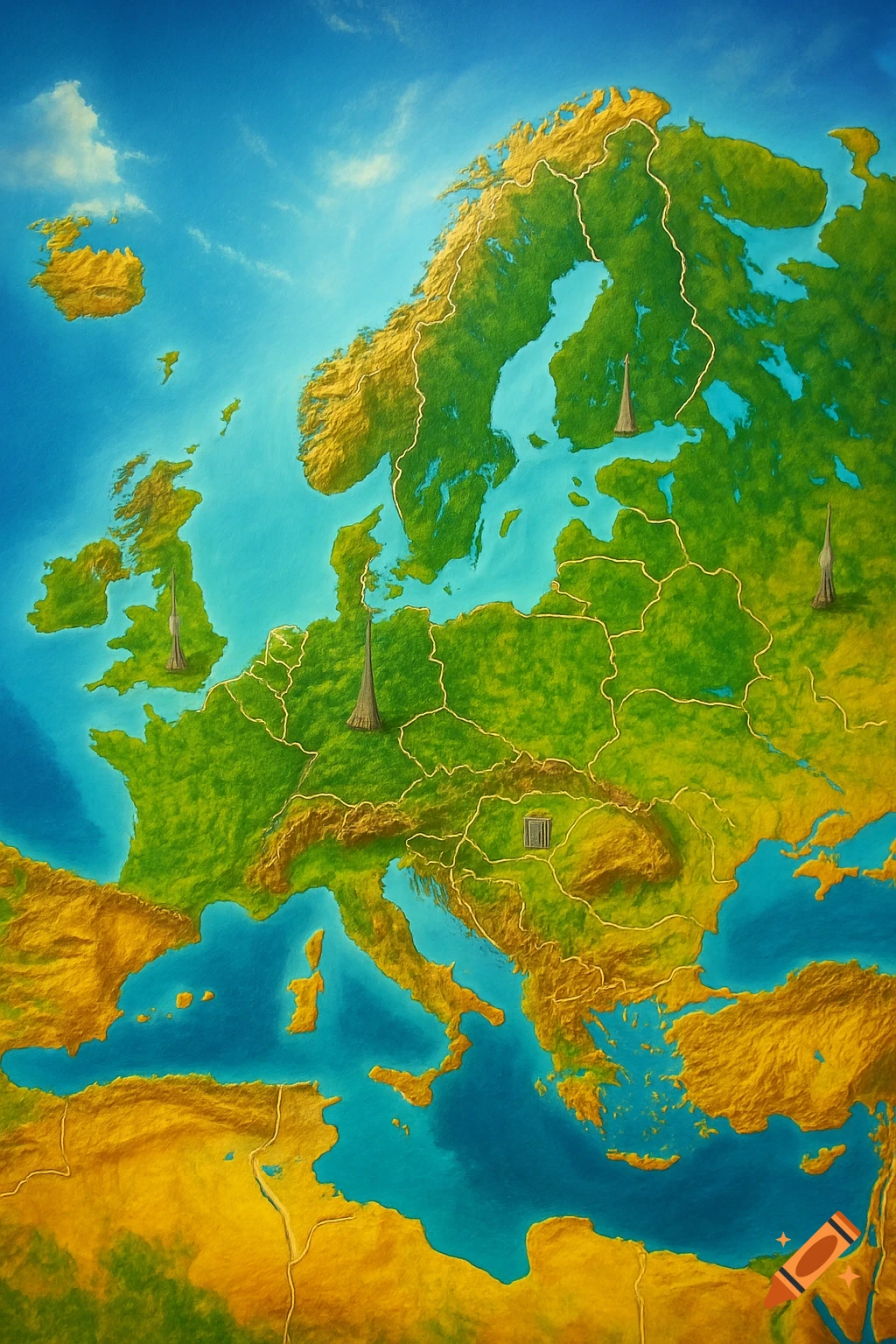 A textured 3D map of Europe showing green landmasses, golden mountains, blue oceans, and abstract spire structures.
