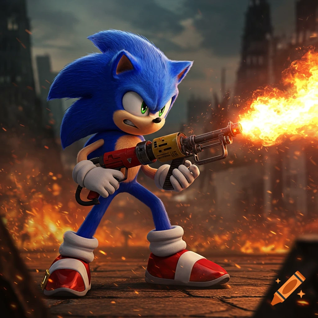 Sonic the Hedgehog with an angry expression, firing a flamethrower in a destructive urban environment.
