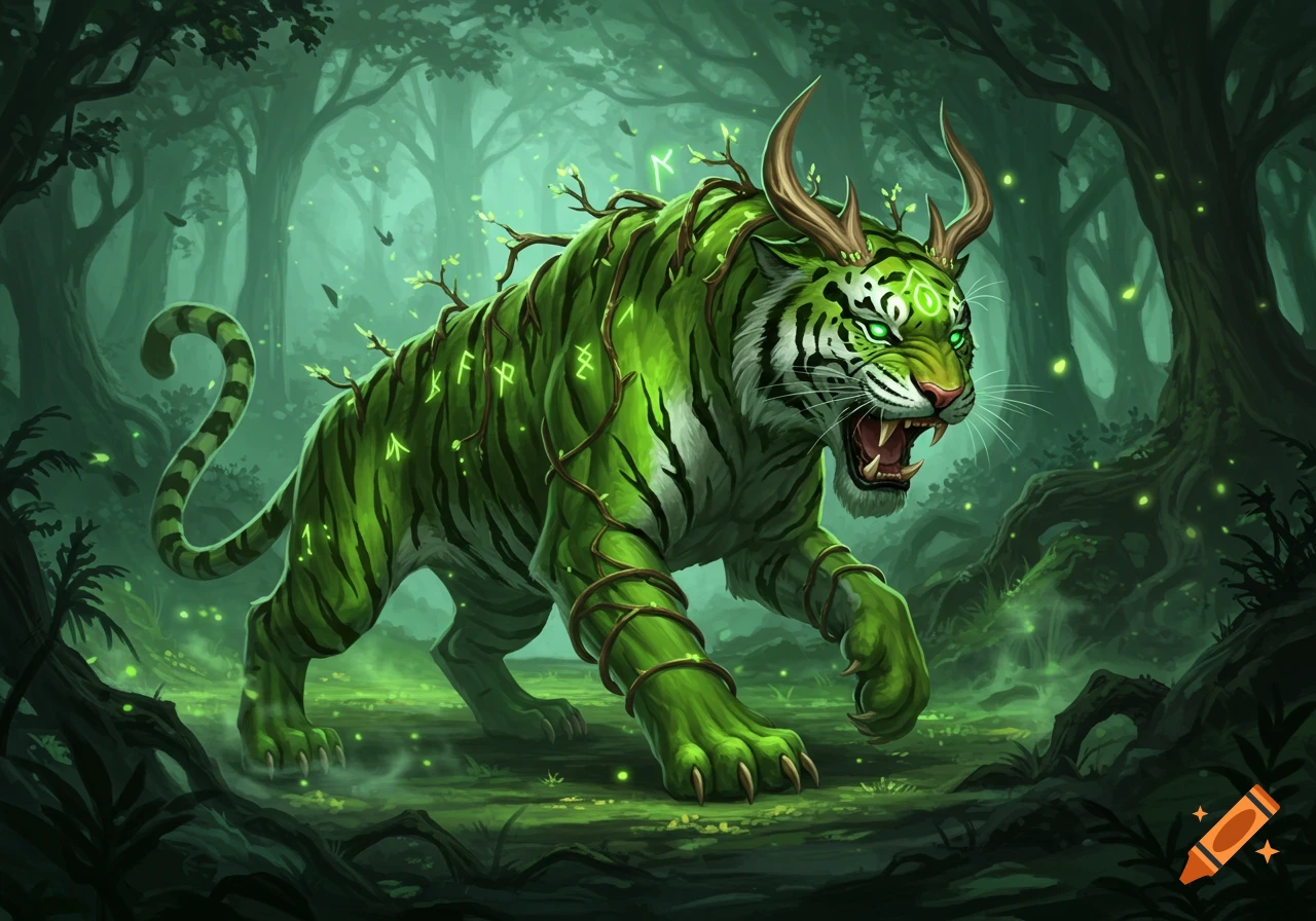 A green and white striped tiger with glowing green eyes and antlers stands in a mystical, green forest. It has glowing runes and vines on its body.