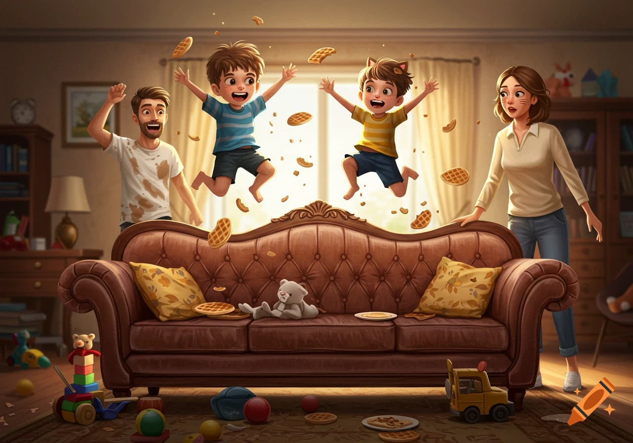 Two happy kids jump on a brown couch while waffles fly around them. A dad with spilled coffee on his shirt waves, and a mom with whisker marks looks surprised in a warm, cartoon-style living room.