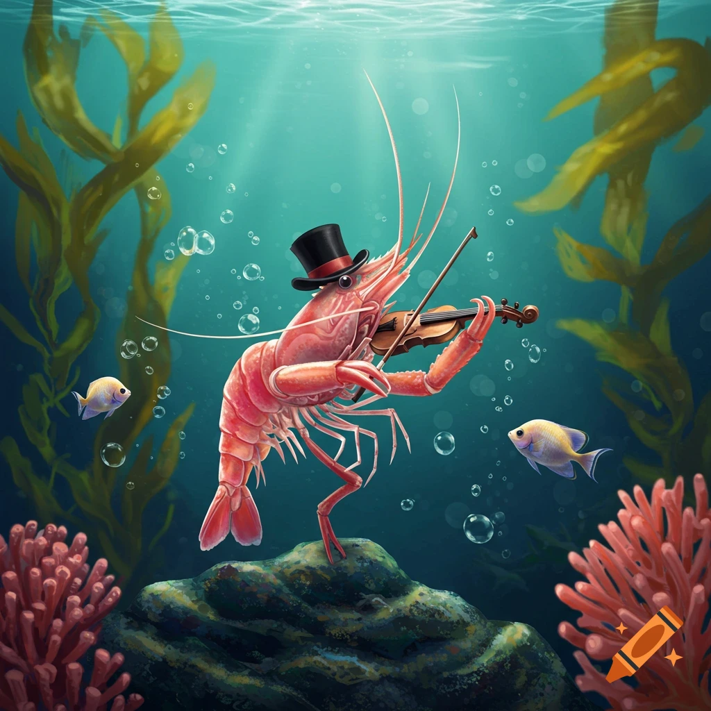 A vibrant illustration of a shrimp wearing a top hat and playing a violin underwater, surrounded by fish, coral, and seaweed.