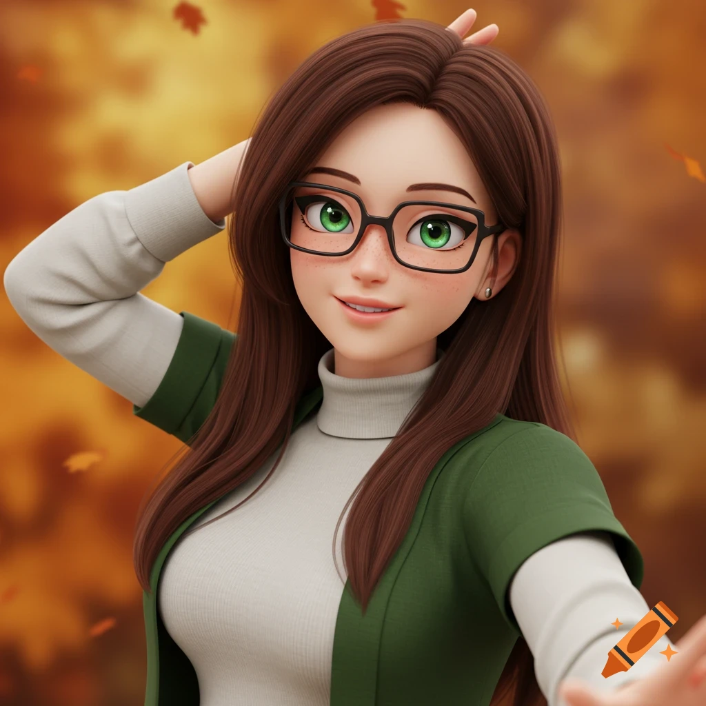 3D anime portrait of a woman with brown hair, green eyes, glasses, and a green jacket, in an autumn setting.