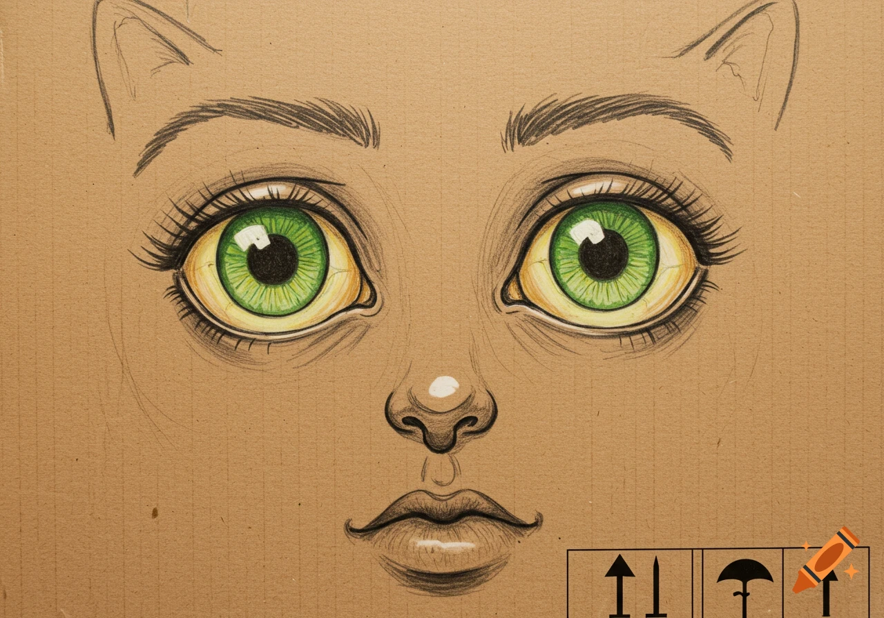 Hand-drawn cat face with large green eyes on a cardboard box, with shipping symbols at the bottom.