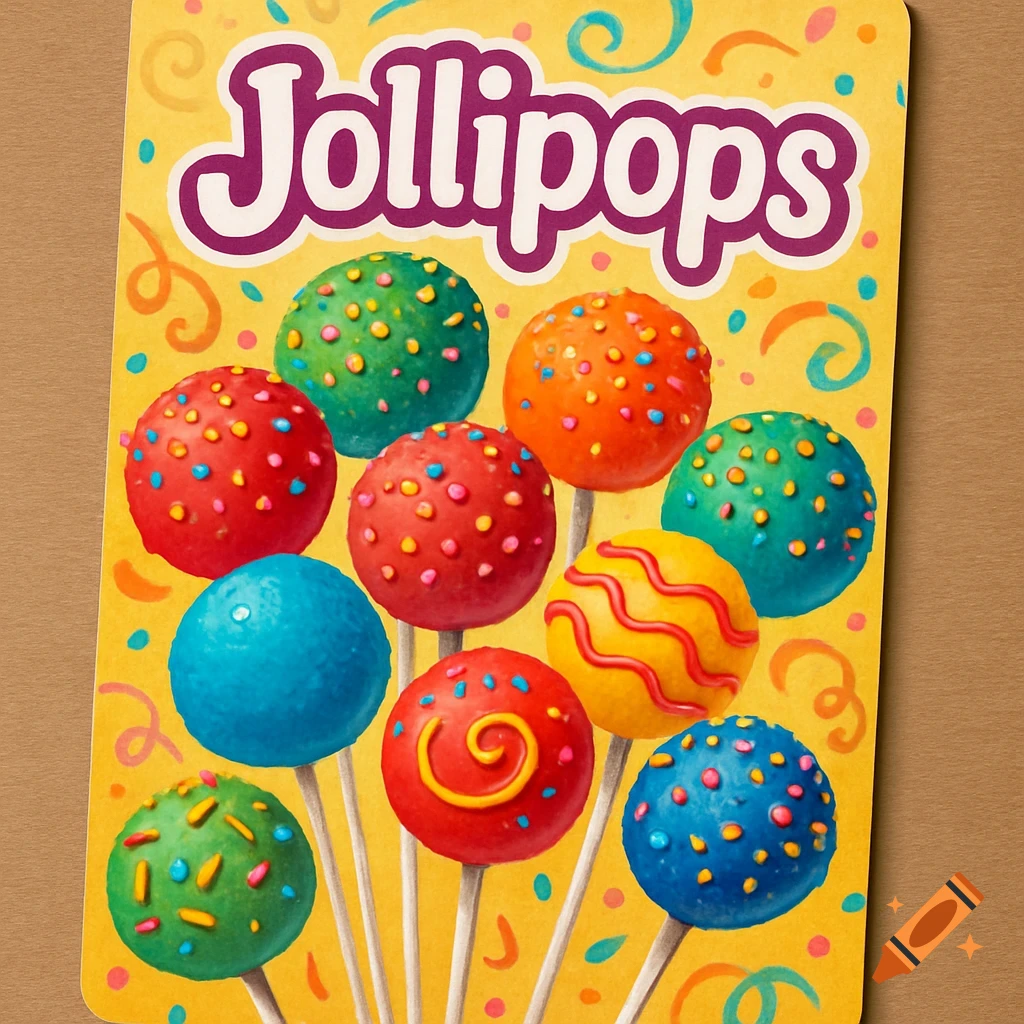 A colorful leaflet displaying several bright cake pops with sprinkles and a 'Jollipops' logo on a yellow background.