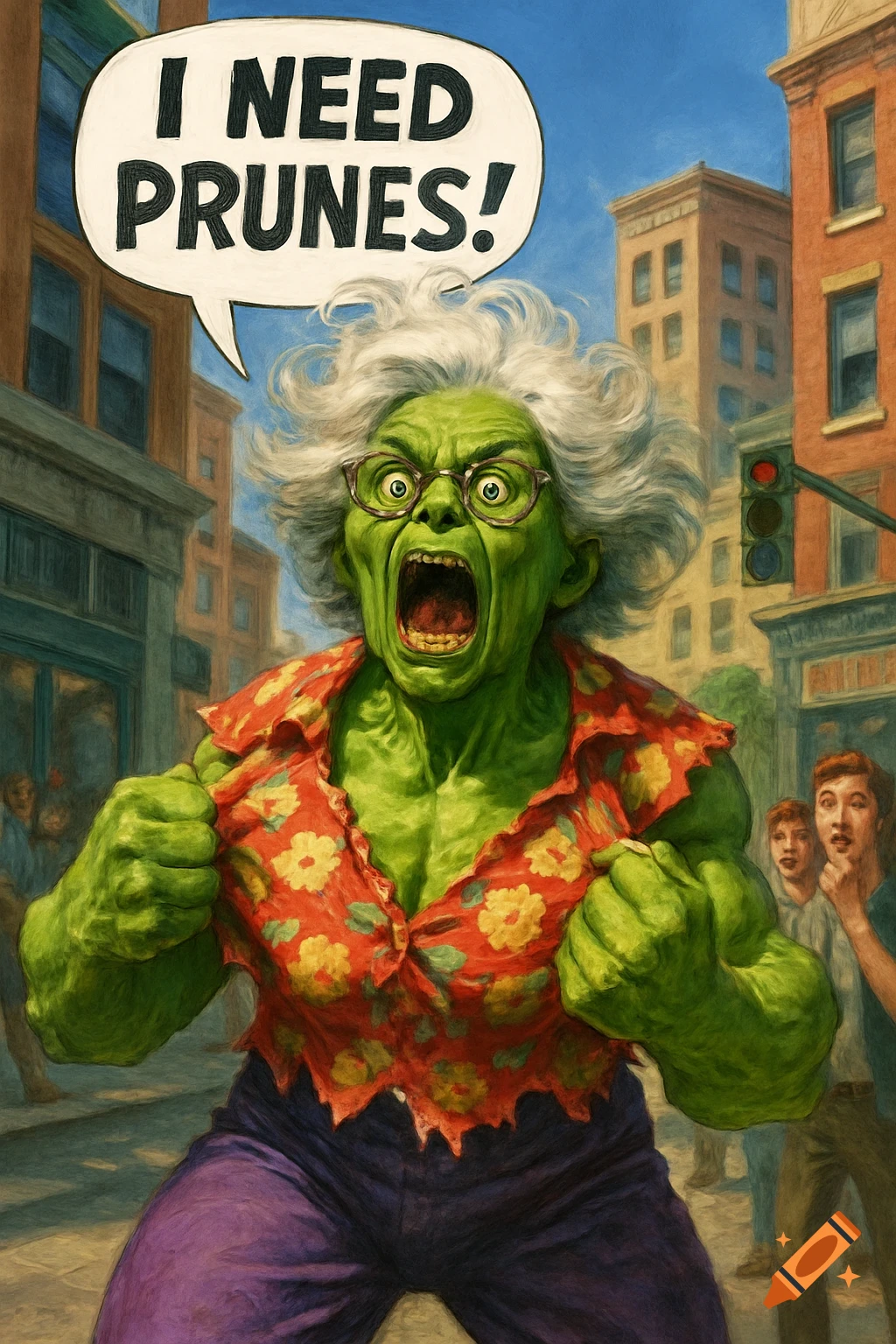 A green-skinned, muscular old lady resembling the Hulk screams "I NEED PRUNES!" while tearing her shirt on an urban street.