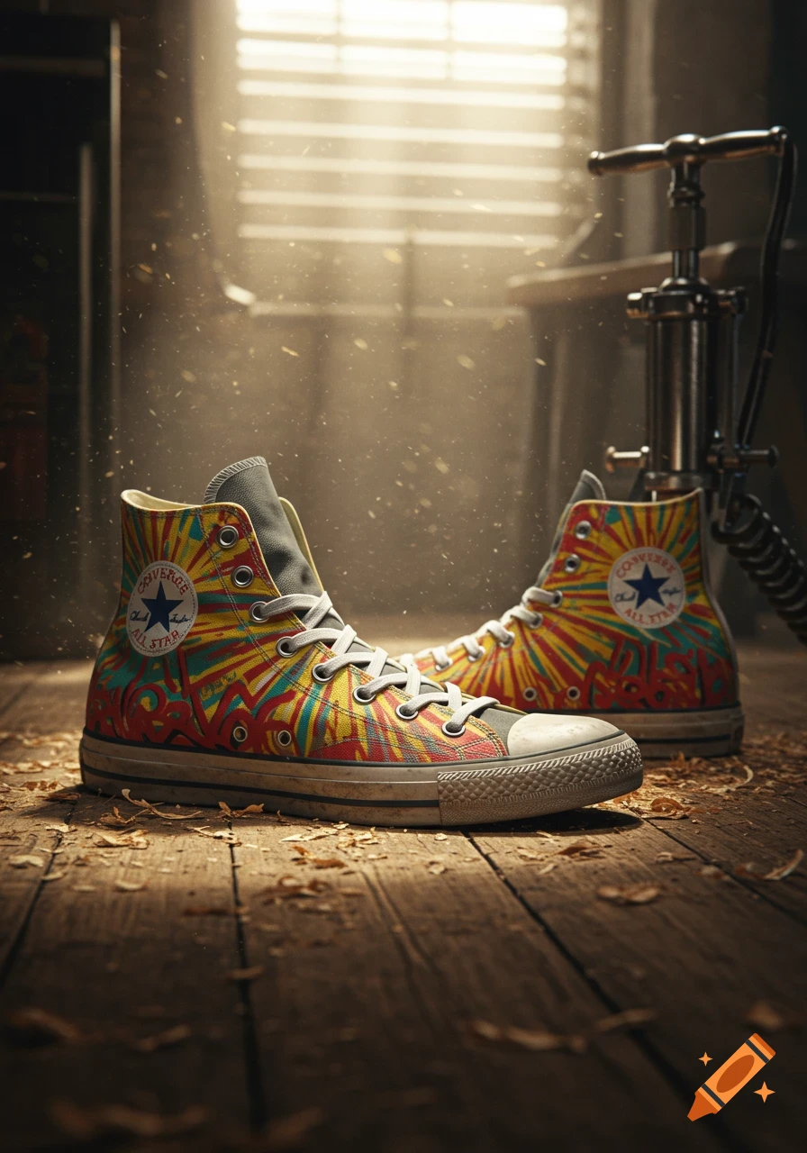 A pair of colorful, tie-dye style Converse high-top sneakers on a dusty wooden floor in a sunlit workshop.