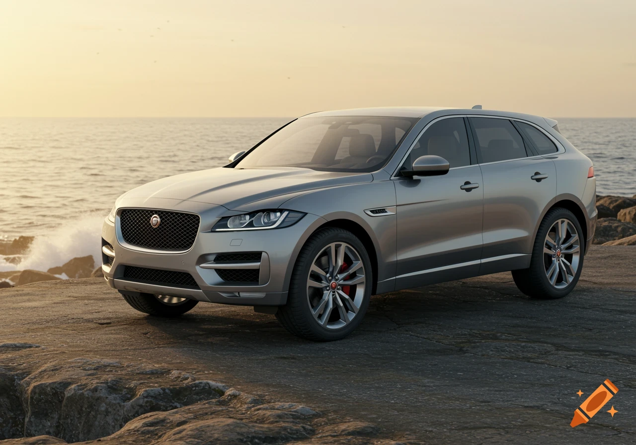 A silver Jaguar SUV parked on rocky terrain next to the ocean at sunset.