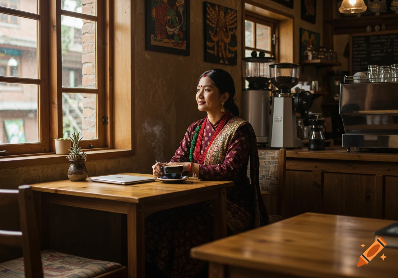 A woman in traditional attire sips coffee at a wooden table in a cafe, looking out a window.