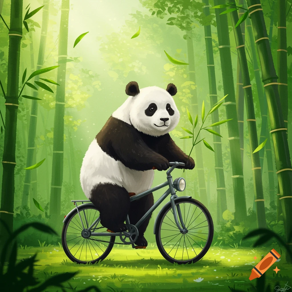 A cartoon panda with black and white fur rides a grey bicycle through a lush green bamboo forest, with green leaves falling.