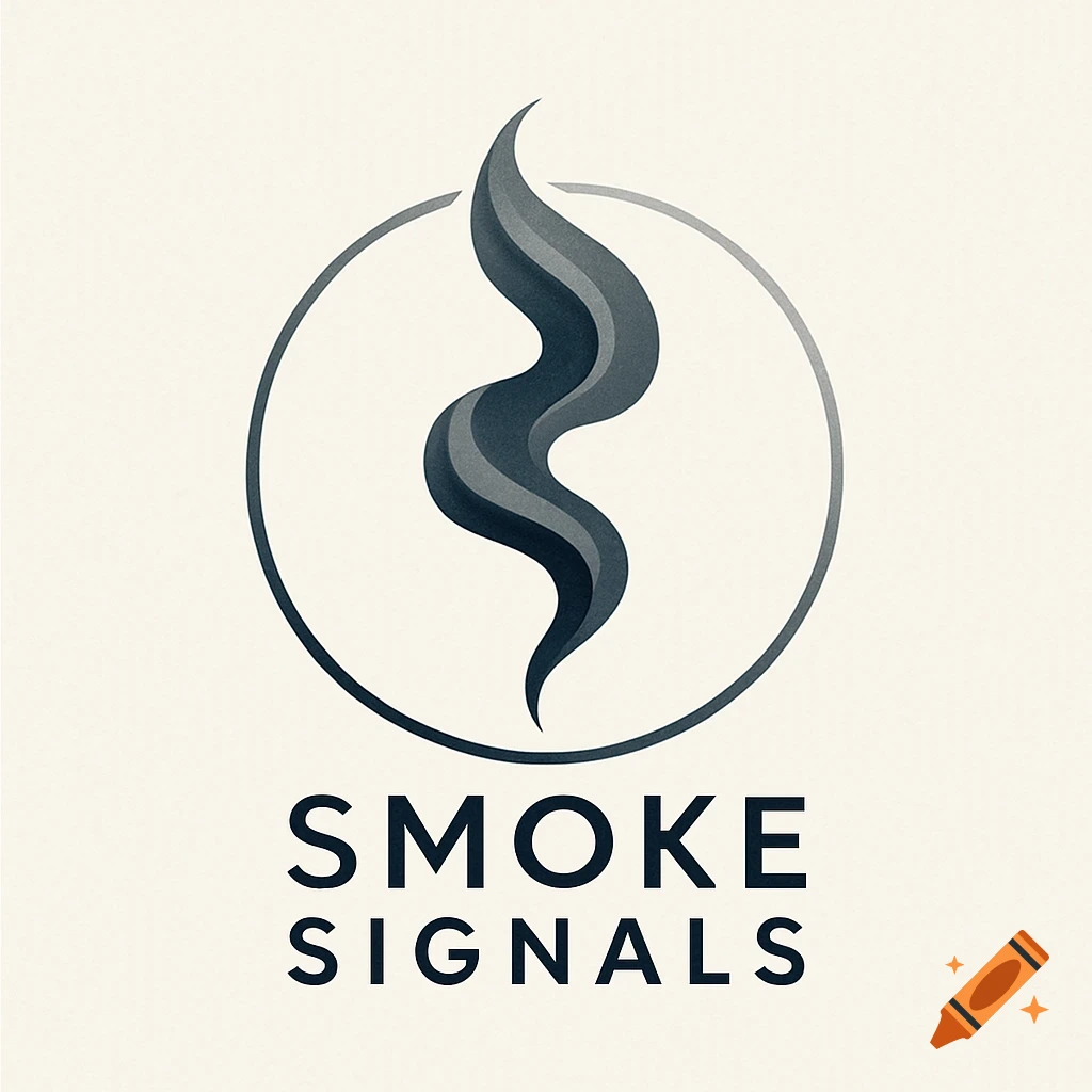 A logo with a stylized grey smoke plume inside a black circle above the words 'SMOKE SIGNALS' on a textured light background.