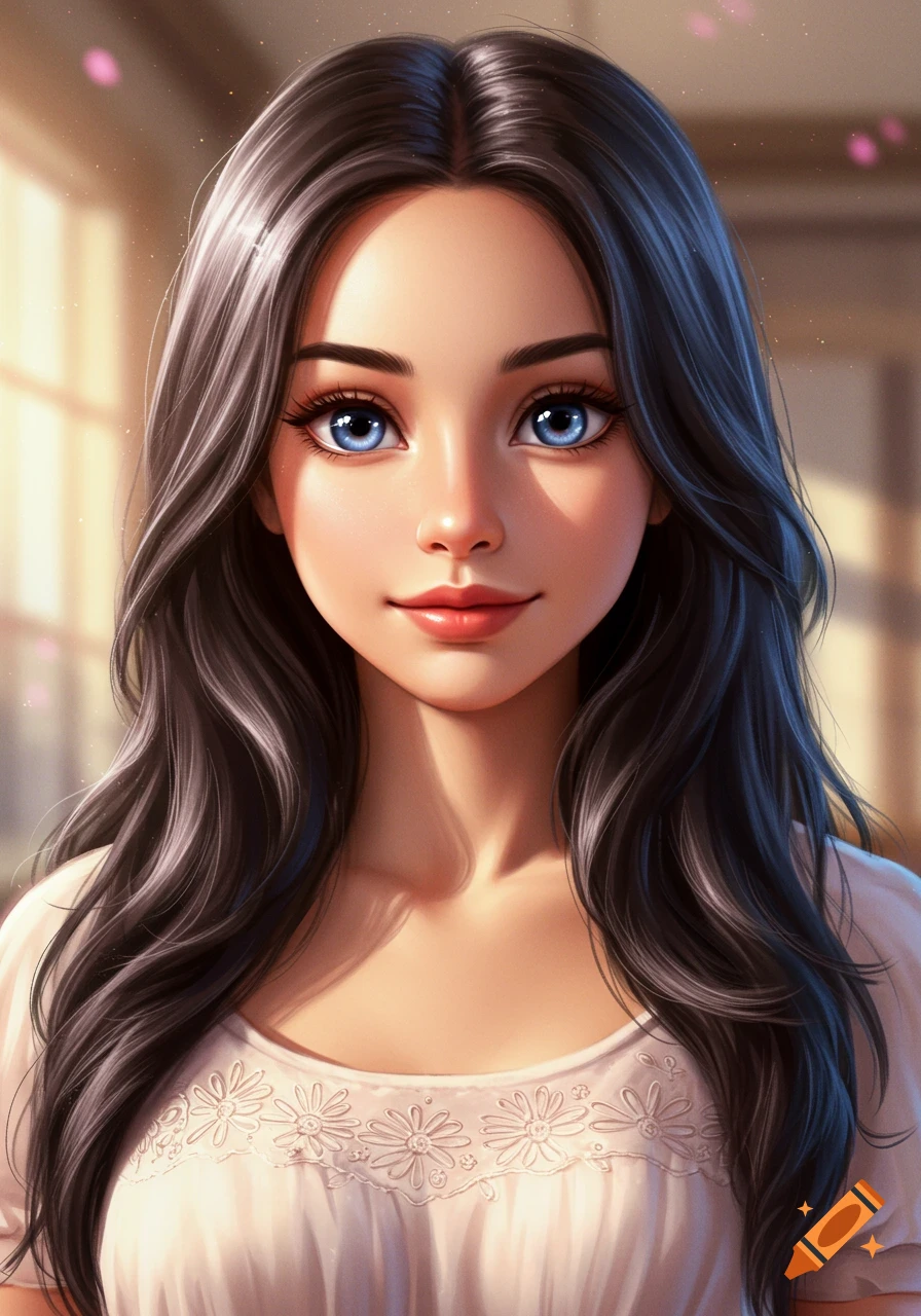 A portrait of a young woman with dark hair and blue eyes, rendered with anime-like features in a realistic style.