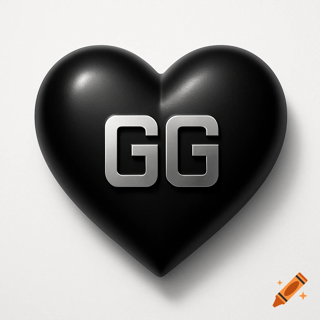 A black heart with the silver letters GG embossed on its center, set against a white background.
