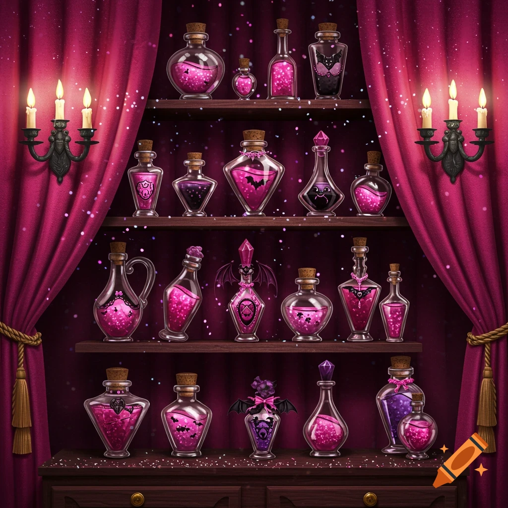 A dark pink and purple gothic shelf filled with various ornate potion bottles, some with bat and heart designs, flanked by red curtains and sconces.