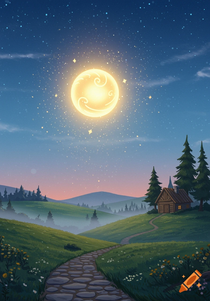 A whimsical night landscape with a glowing stylized moon, starry sky, stone path through green hills, a wooden cabin, and pine trees.