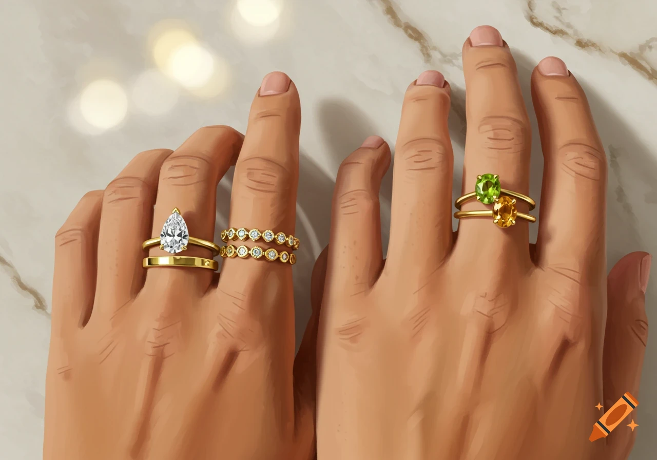 Two hands displaying various gold rings with gemstones, including a pear-cut diamond ring and a peridot and citrine ring.