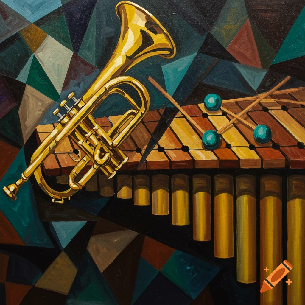 A vibrant cubist painting of a golden trumpet and a wooden marimba with mallets, set against a geometric background.