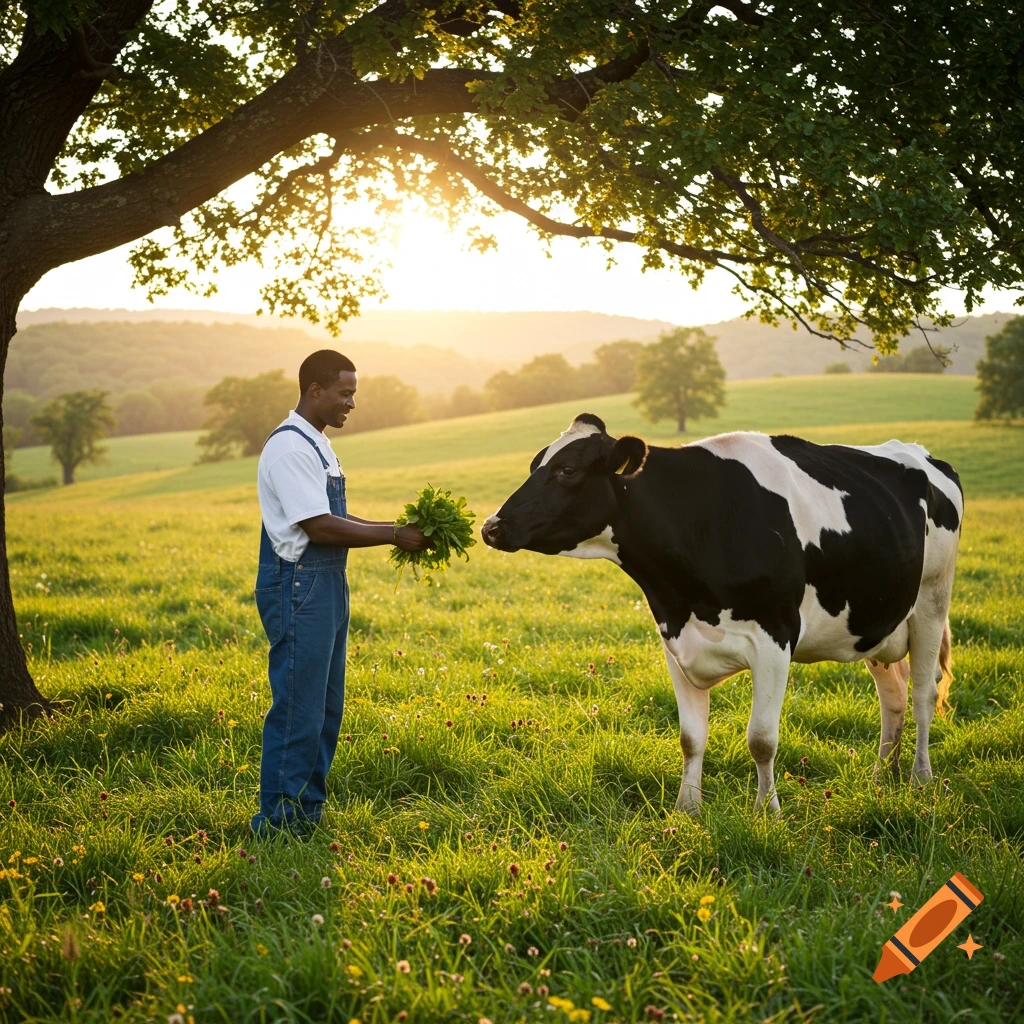 A Black man in overalls feeds green plants to a black and white cow in a sunny, green field with trees and hills in the background.