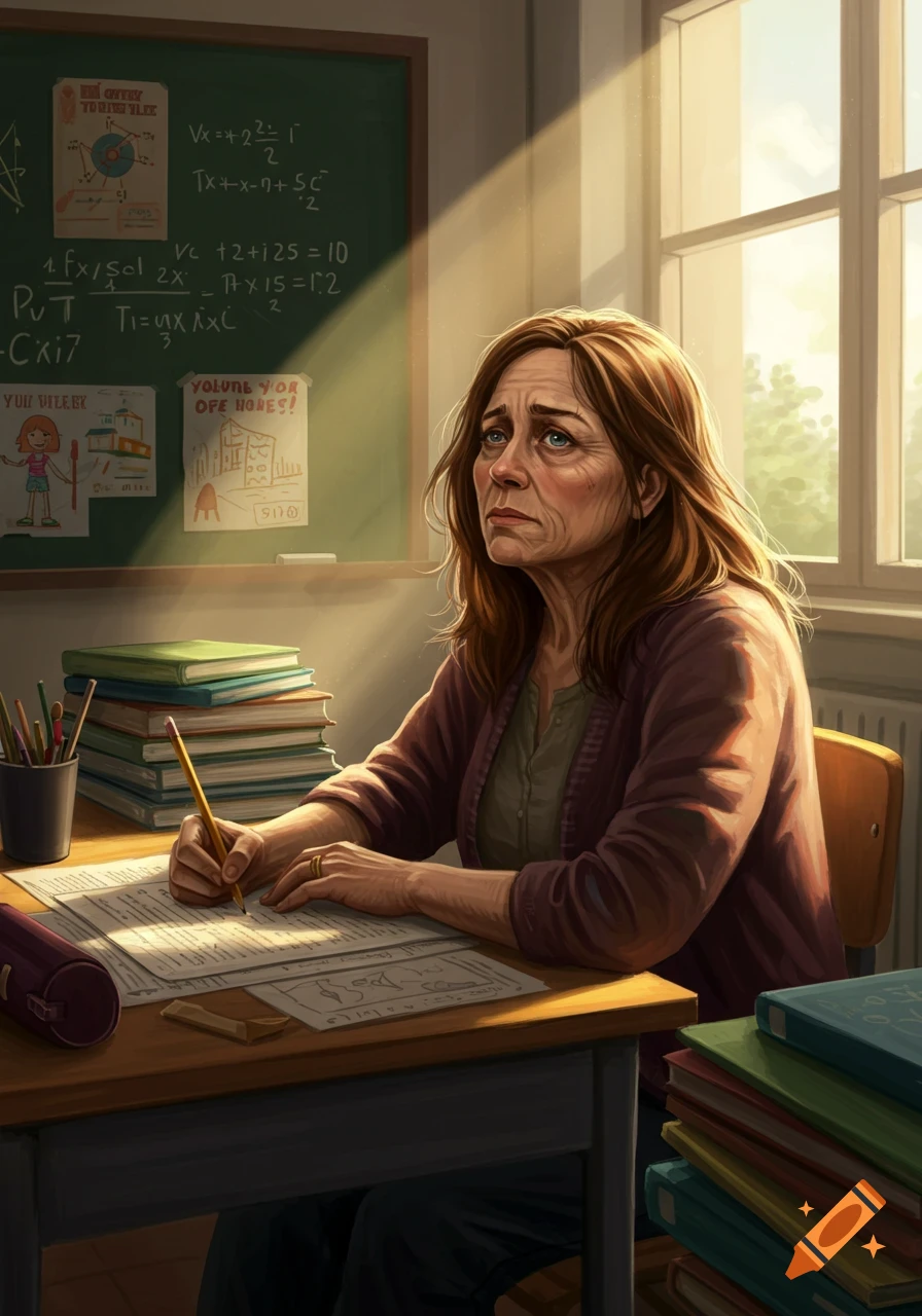 A realistic illustration of a distressed middle-aged female teacher sitting at a desk in a sunny classroom, writing on papers.