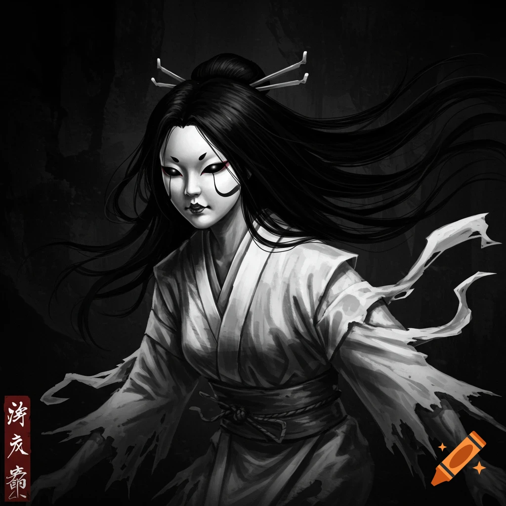 Black and white illustration of an angry Japanese female spirit with long black hair, a doll-like mask, and torn white robes.