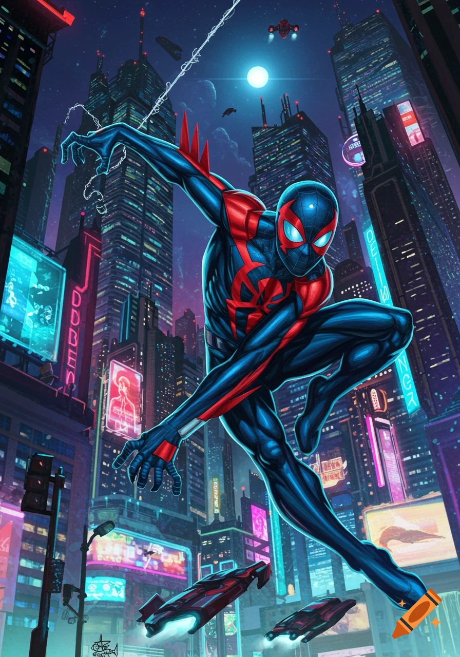Spider-Man 2099 leaps through a vibrant, neon-lit futuristic city at night in a detailed comic book illustration.