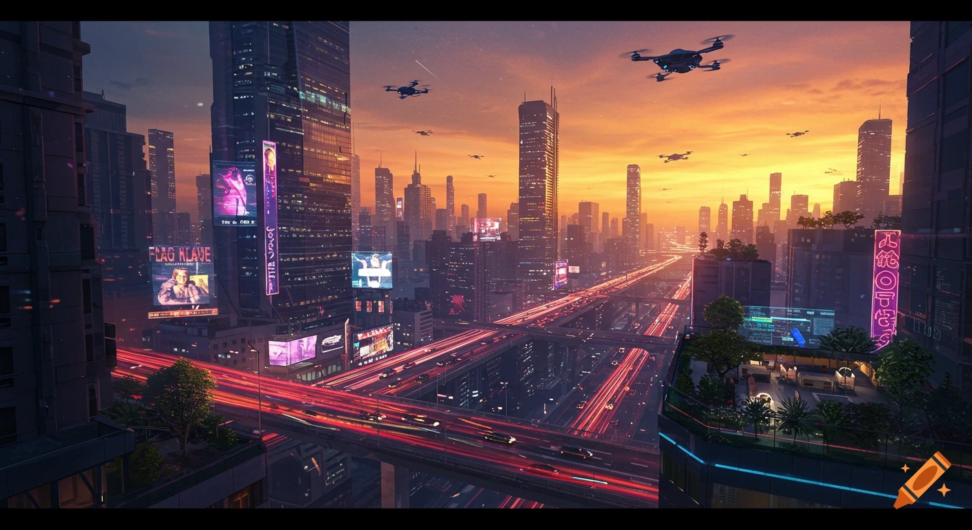 A vibrant, futuristic cityscape at sunset with towering skyscrapers, multi-lane highways with light trails, and drones flying in the sky.