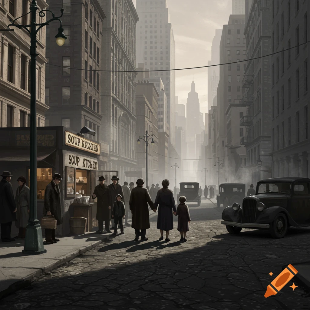 A monochromatic street scene depicting New York City during the Great Depression, with people near a soup kitchen and vintage cars.
