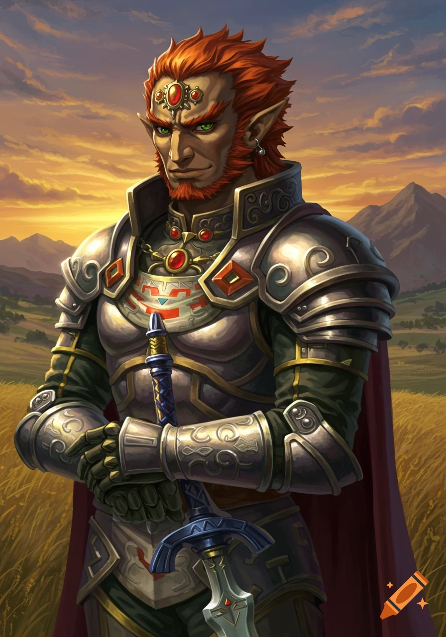 A red-haired, bearded warrior in ornate silver armor and a red cape holds a sword, standing in a golden field under a sunset sky.