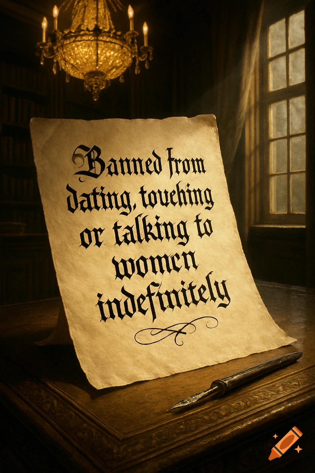 A vintage parchment scroll on a wooden desk with a quill, displaying the text 'Banned from dating, touching or talking to women indefinitely', under a chandelier.