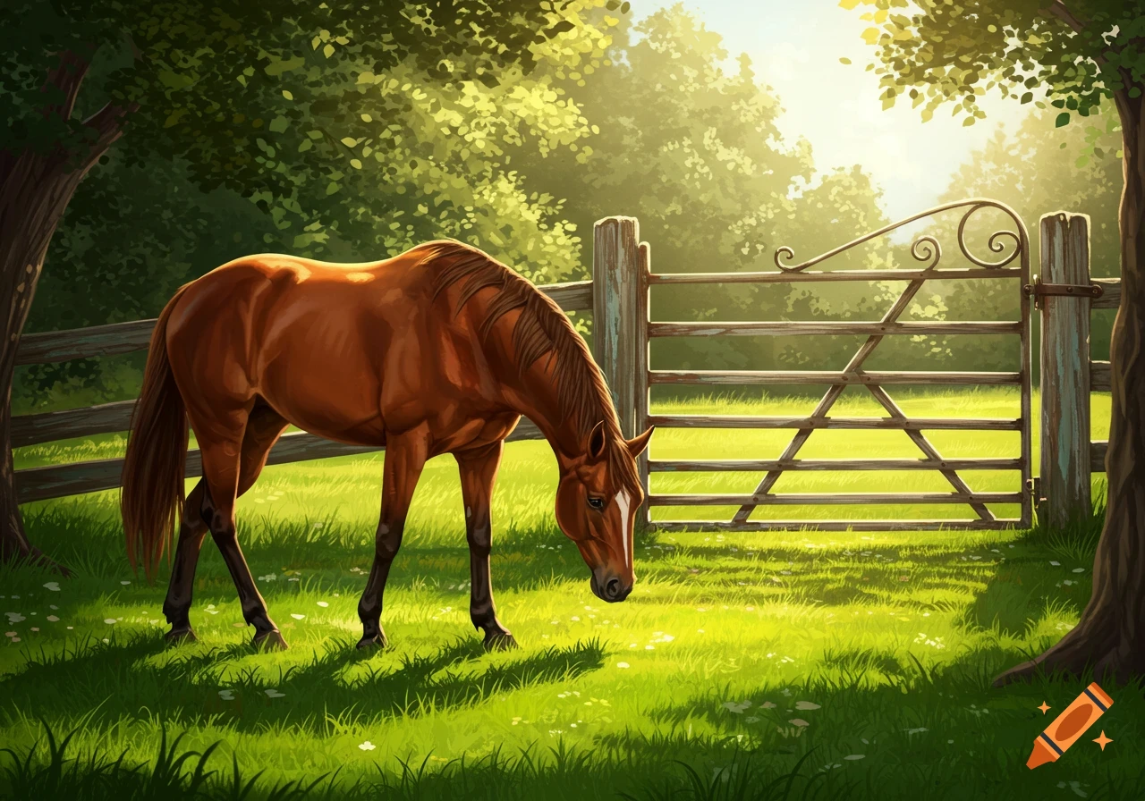 An illustrated brown horse grazes in a sunlit green field with a wooden gate and trees in the background.