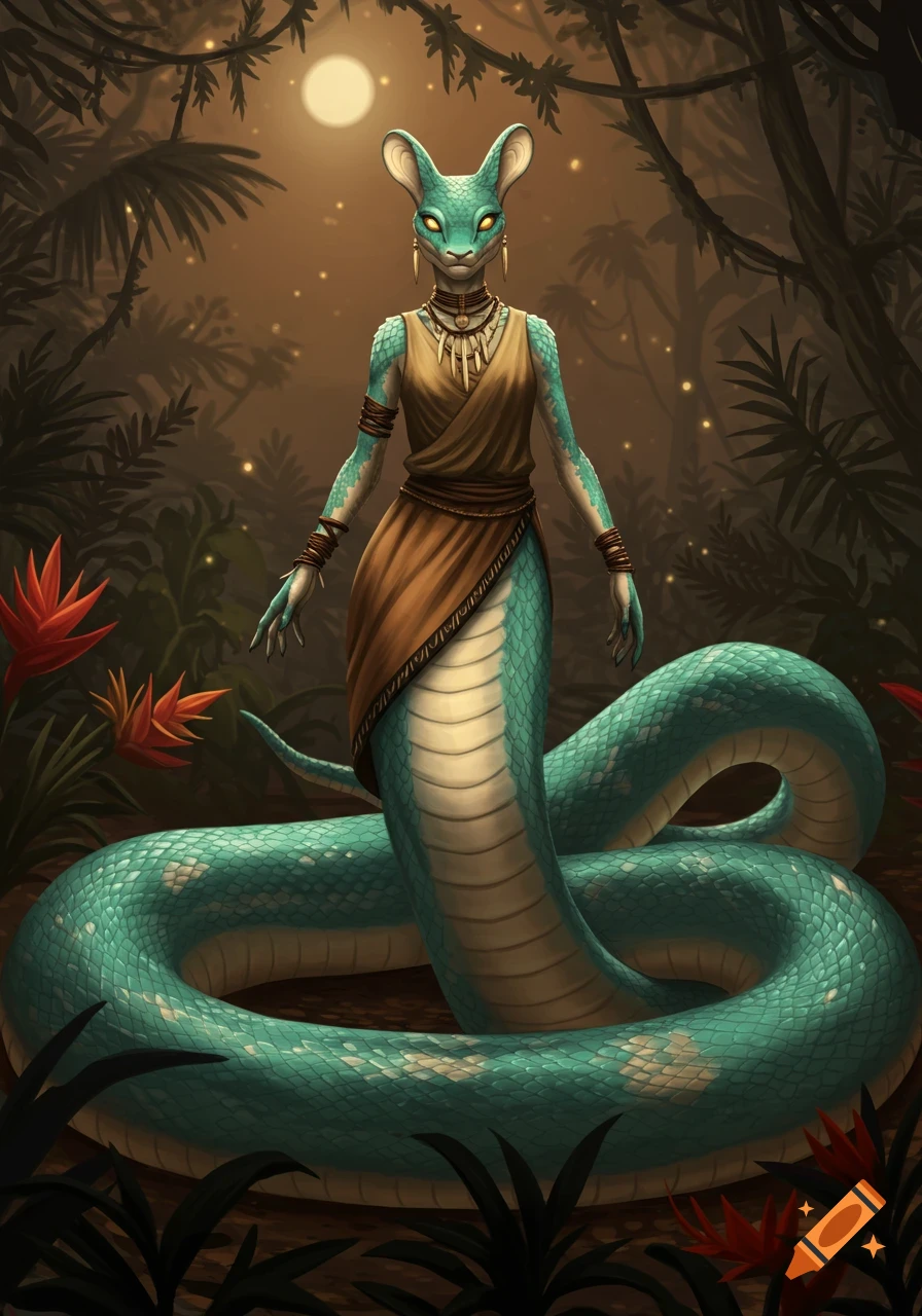 A tall, elegant lamia with teal and cream scales, glowing golden eyes, and rabbit-like ears stands in a moonlit jungle with lush foliage.